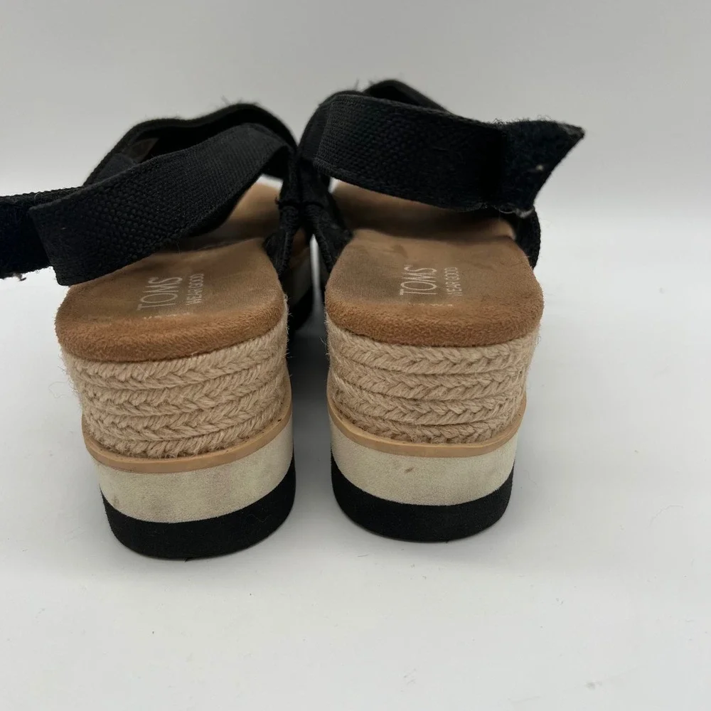 TOMS Dianna Crossover Platform Espadrille Wedge Sandals 8 Black Slingback Canvas